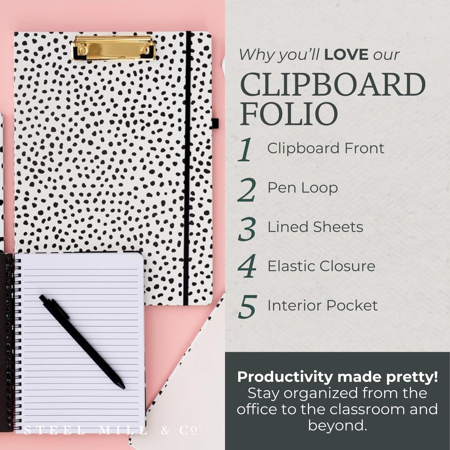 Steel Mill & Co Cute Clipboard Folio with Refillable Lined Notepad and Interior Storage Pocket, Black and White Padfolio for Work, Black Dots