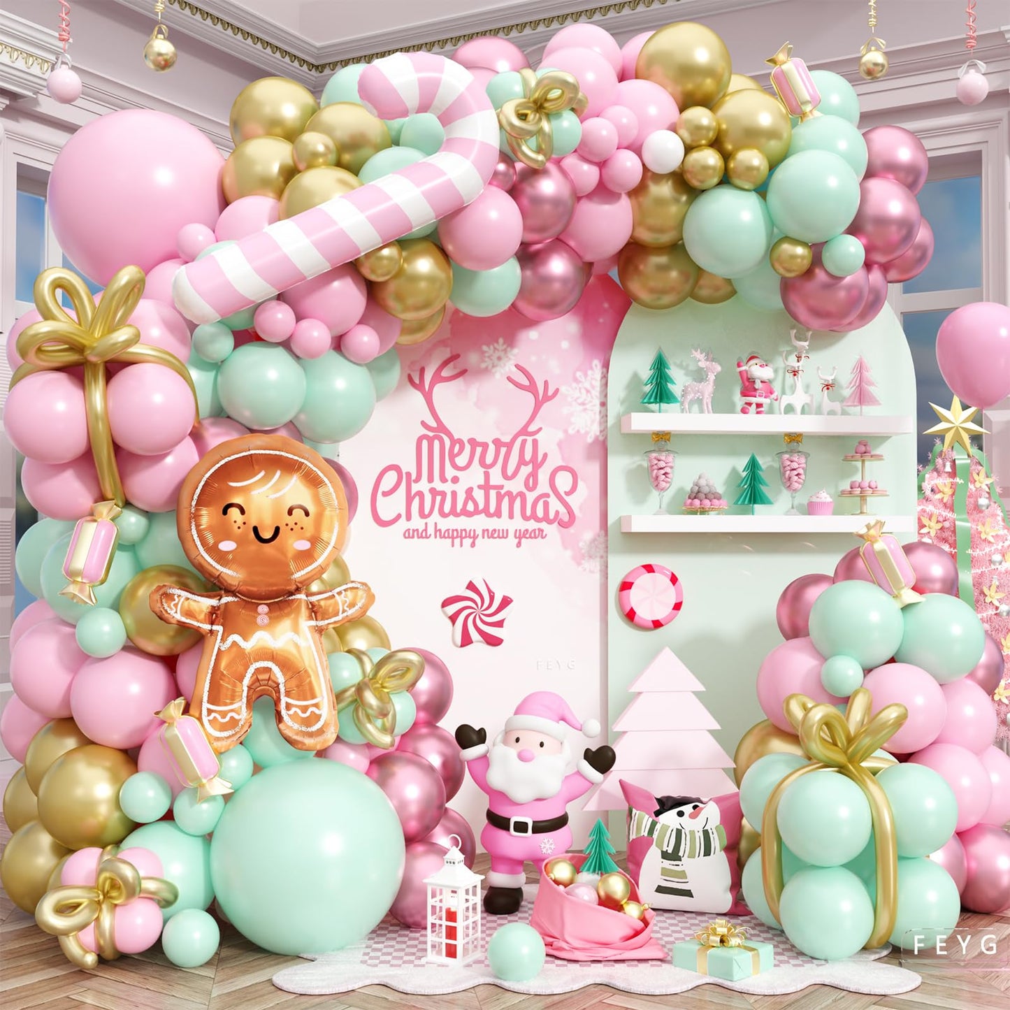 Christmas Balloons Arch Kit, 125 PCS Maca Pink Green Christmas Balloons, Gingerbread Balloon Garland with Candy Cane & Gingerbread Foil Balloon Decorations for Party