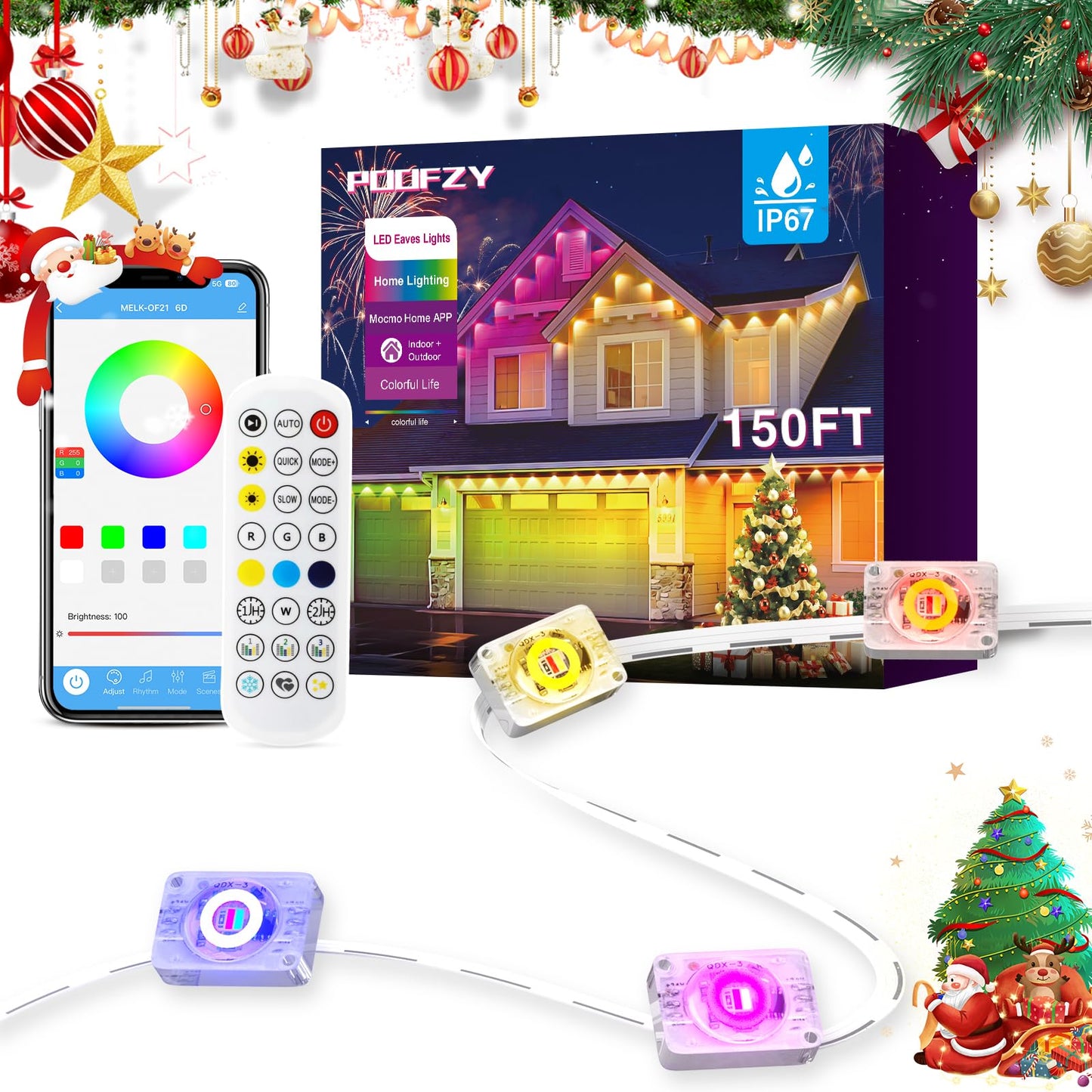 POOFZY Permanent Outdoor Lights for House,150ft RGB+IC Smart Outdoor Decor, 50 Scene Modes,App/Remote Control,IP67 Waterproof,for Christmas,Halloween,Daily & Holiday Party Decor,House Roof Lighting