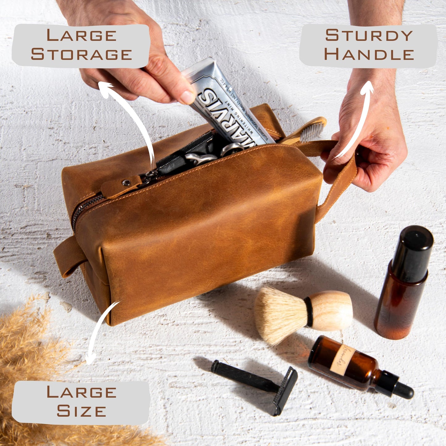 Personalized Leather Toiletry Bag for Men – Custom Shaving Dopp Kit with Name or Initial, Travel Gift for Groomsmen, Husband, Dad, Boyfriend, Birthday, Anniversary, Valentines Day Gifts for Men, Him