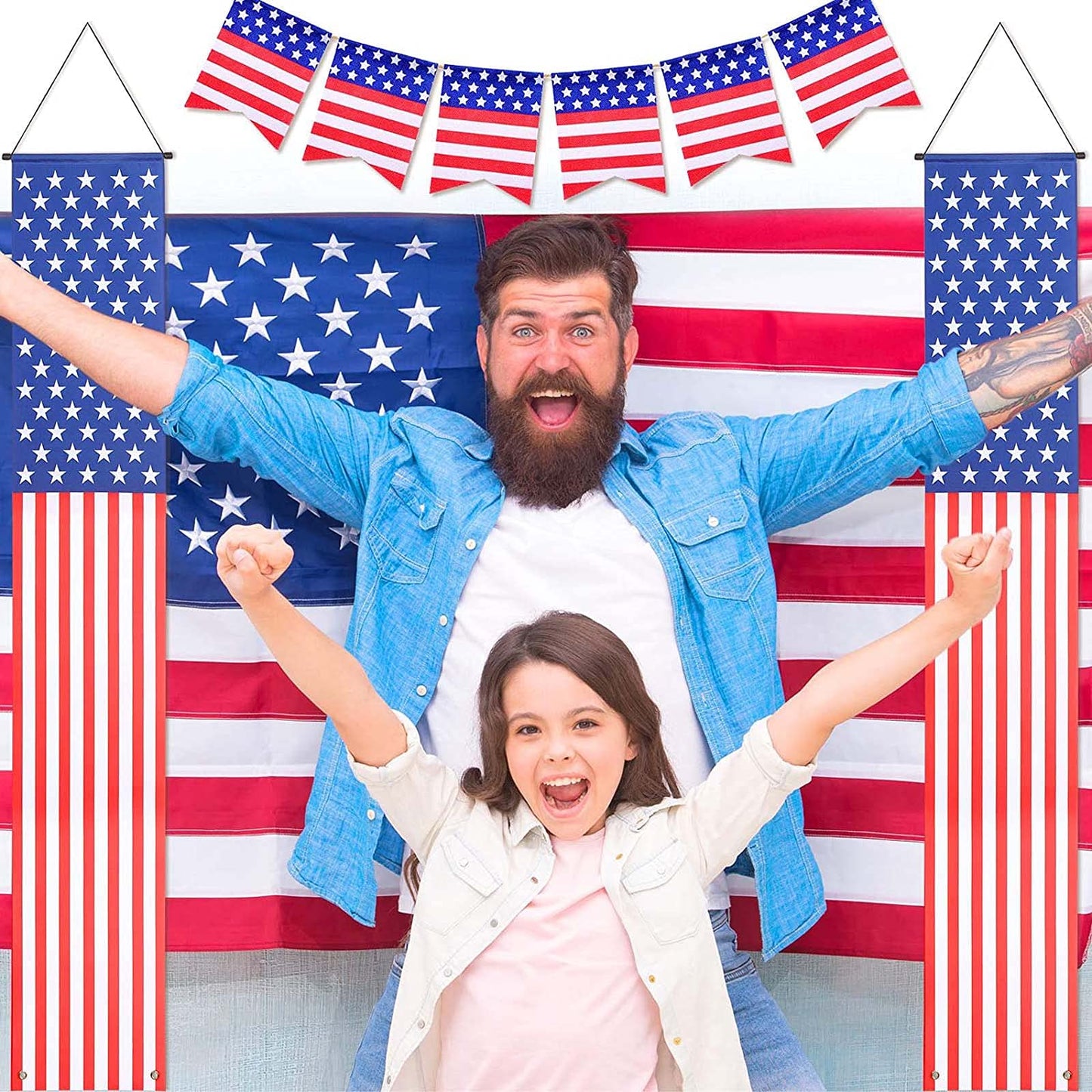 4th of July Independence Day Decorations Memorial Day Decor Indoor and Outdoor Hanging American Flag Banners (2 Pcs)