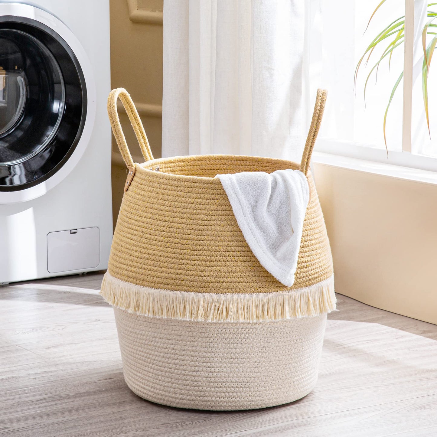 KAKAMAY Woven Baskets for Storage(17"x17"),Large Cotton Rope Woven Baby Laundry Hamper,Collapsible Laundry Basket, Blanket Basket for Organizing Living Room,Nursery,Pillows,Toy Chest(Beige)