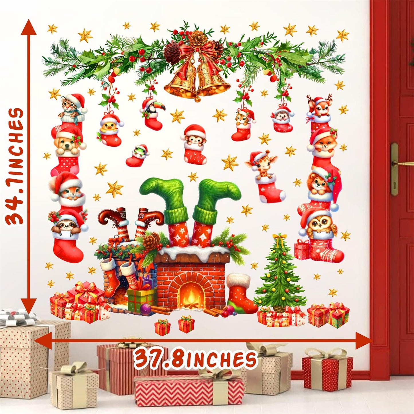 Christmas Fireplace Wall Decals Large Winter Pine Tree Branch Wall Stickers Xmas Bell Funny Animal Holiday Wall Decorations Removable Merry Christmas Wall Stickers Party Supplies