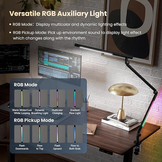 Pak LED Desk Lamp with Clamp, 18W Dual Light Architect Desk Light, Adjustable Swing Arm RGB Light Sensor Switch, Eye-Caring 4 Modes Stepless Dimming Table Lamp for Home Office Reading Study Gaming