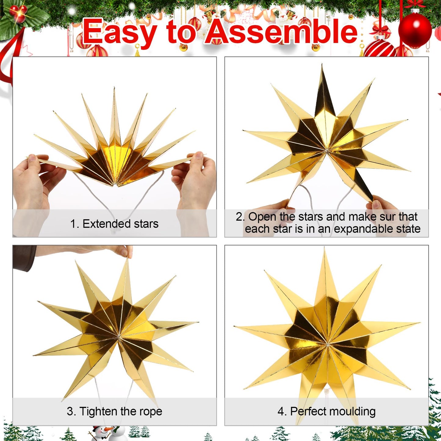 BestoFun 12 Inches 5 PCS Gold Paper Star Lanterns Christmas Party Decorations Hanging Stars Wedding Birthday Christmas Home Party Decorations(9 Pointed)