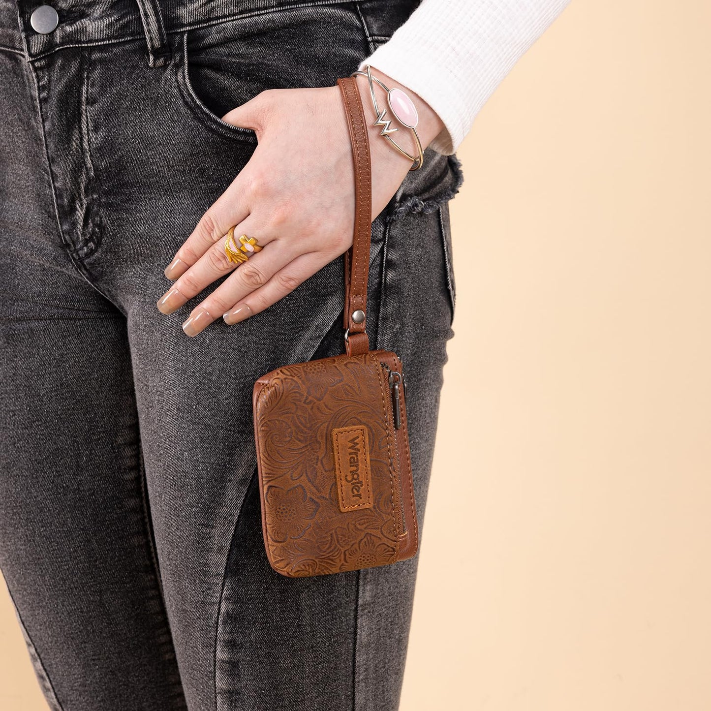 Wrangler Coin Purse for Women RFID-blocking Floral Embossed Change Pouch Wristlet Wallet Lightweight Portable Wallets Brown