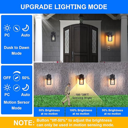 Porch Lights with GFCI Outlet,Dusk to Dawn Motion Sensor Outdoor Lights,3 Light Modes Black Front Door Lights,Waterproof Outside Wall sconces for House Patio Garage (2 Pack)