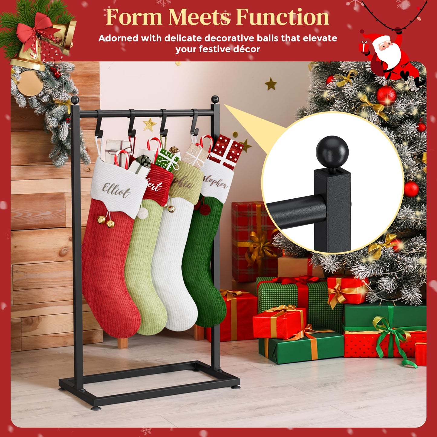 LAND·VOI Christmas Stocking Holder for Floor, Free Standing Metal Stocking Hanger with 4 Removable Hooks, Stable Base & Adjustable Feet, Black