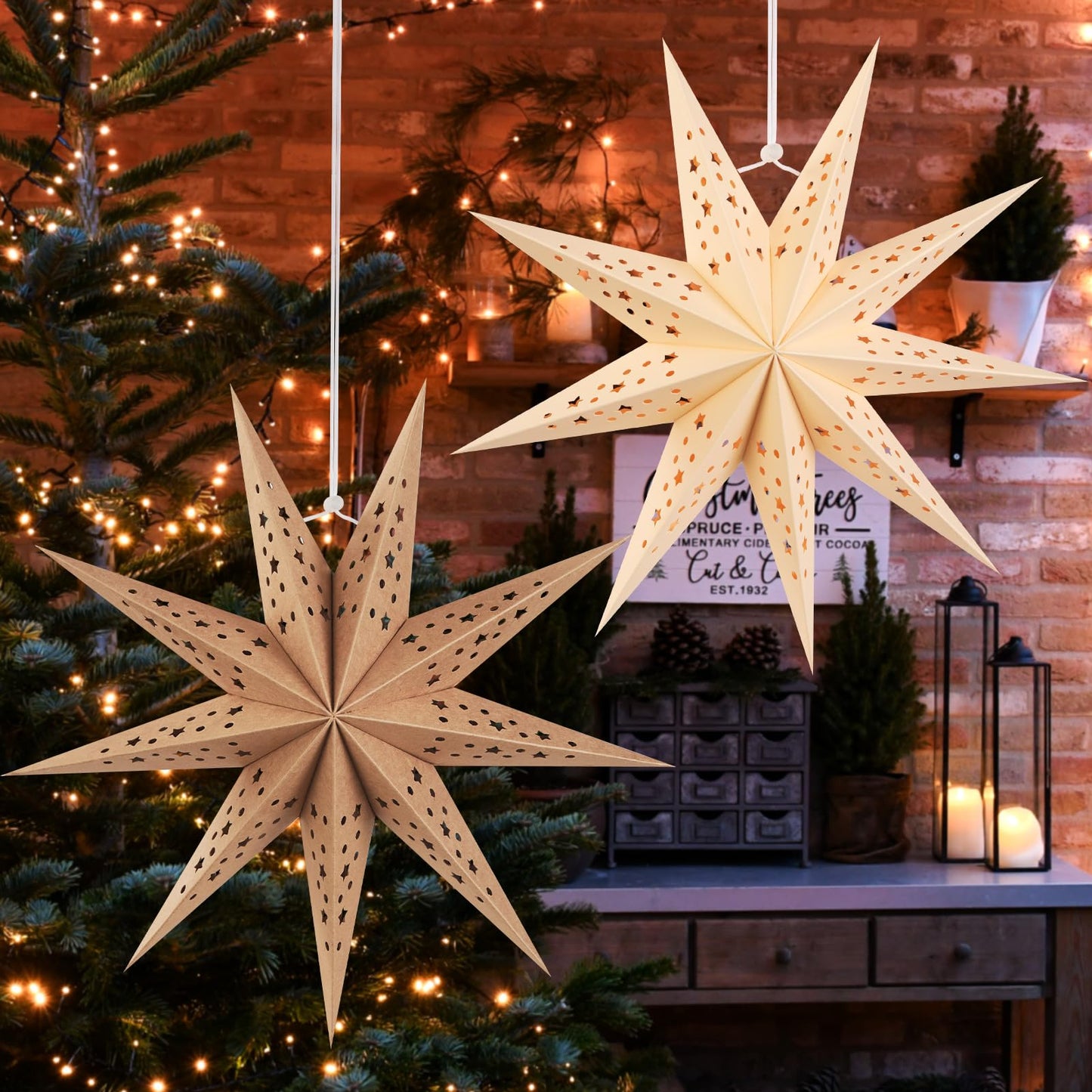 SUNBEAUTY 9-Pointed 12 Inch Hollow Out Paper Star Lanterns Brown White Gray Christmas Lanterns Hanging Lamp Paper Decorations Shade Wedding Birthday Christmas Home Party Decorations