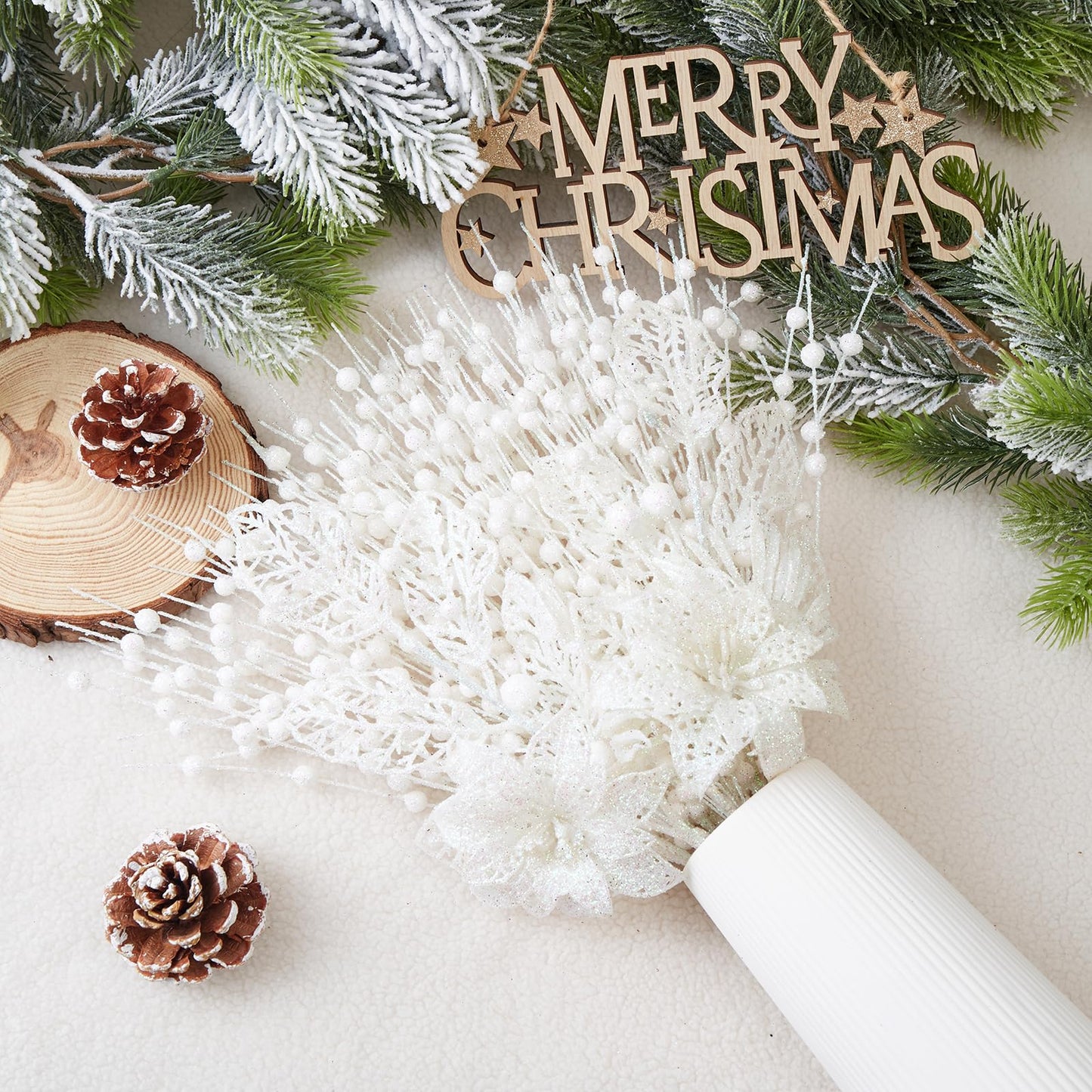 CristBest 24 Pack Christmas Tree Ornaments - Artificial Flowers Glitter Berry Stems Christmas Floral Picks Branches for Xmas Tree Decorations Vase Filler Holiday Wedding Party Home Decor (White)