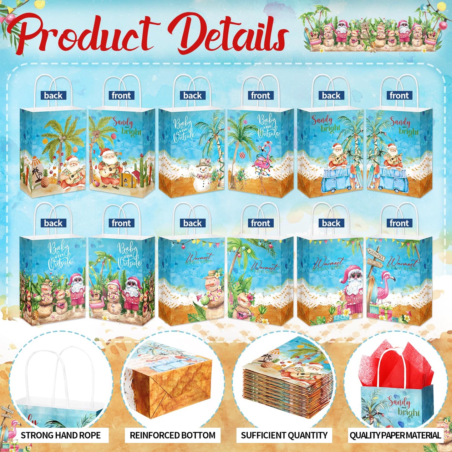 Sinload 24 Sets Summer Christmas Party Gift Bags with Tissue Paper Xmas in July Santa Tropical Goodie Bags with Handle Christmas Treat Tote Hawaiian Flamingo for Beach Pool Birthday Party Decoration