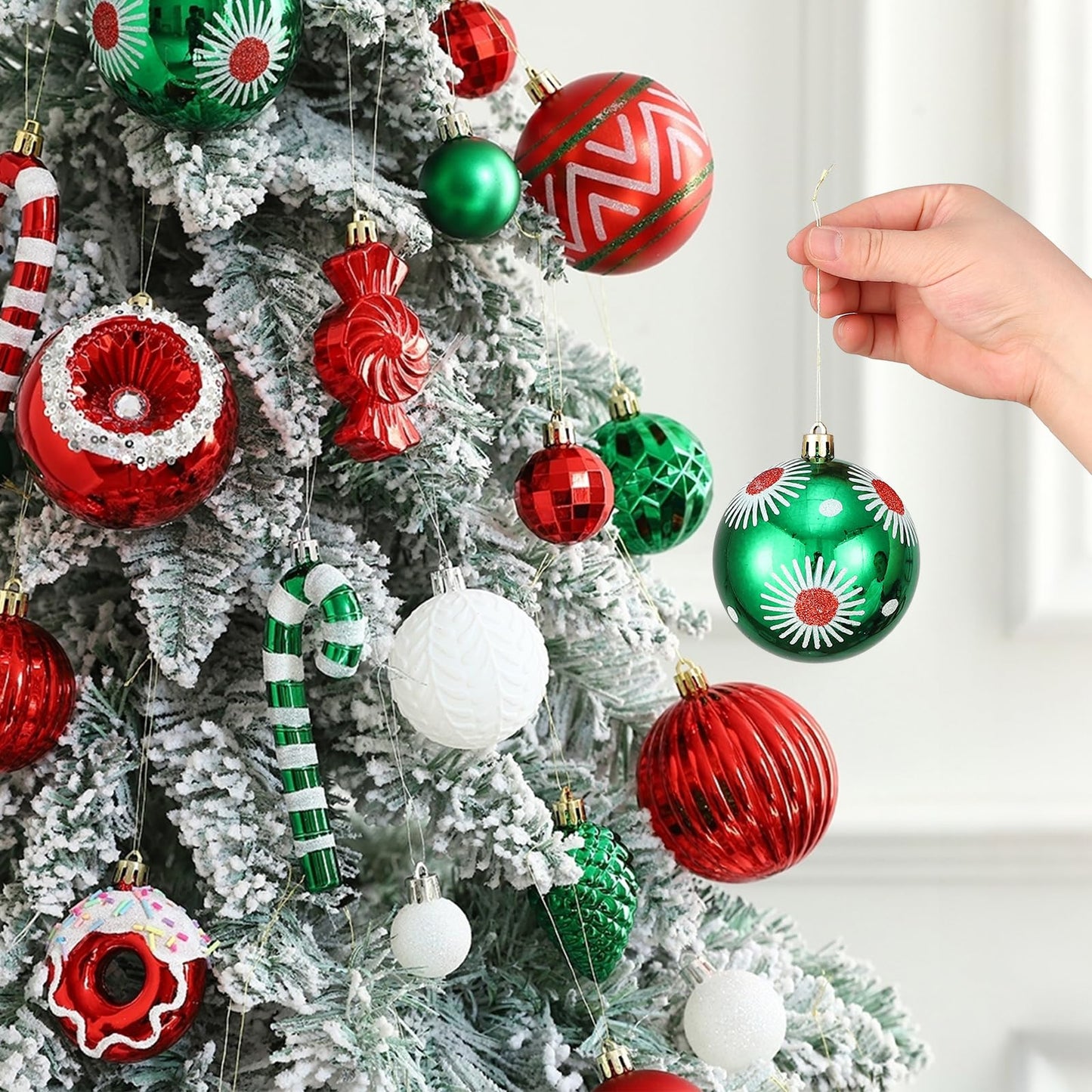 56Pcs 21Styles Christmas Balls Hanging Ornaments Set,Red Green and White Assorted Shatterproof Plastic Christmas Balls Baubles with Candy Canes,Donuts for Xmas Tree Holiday Home Party Decorations