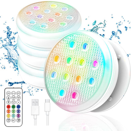 Ueyake Rechargeable Submersible Led Lights, Pool Lights with Remote, IP68 Full Waterproof Underwater Lights Built-in Magnet 16 Color Changing Floating Lights for Bathtubs, Ponds(4 Pack)