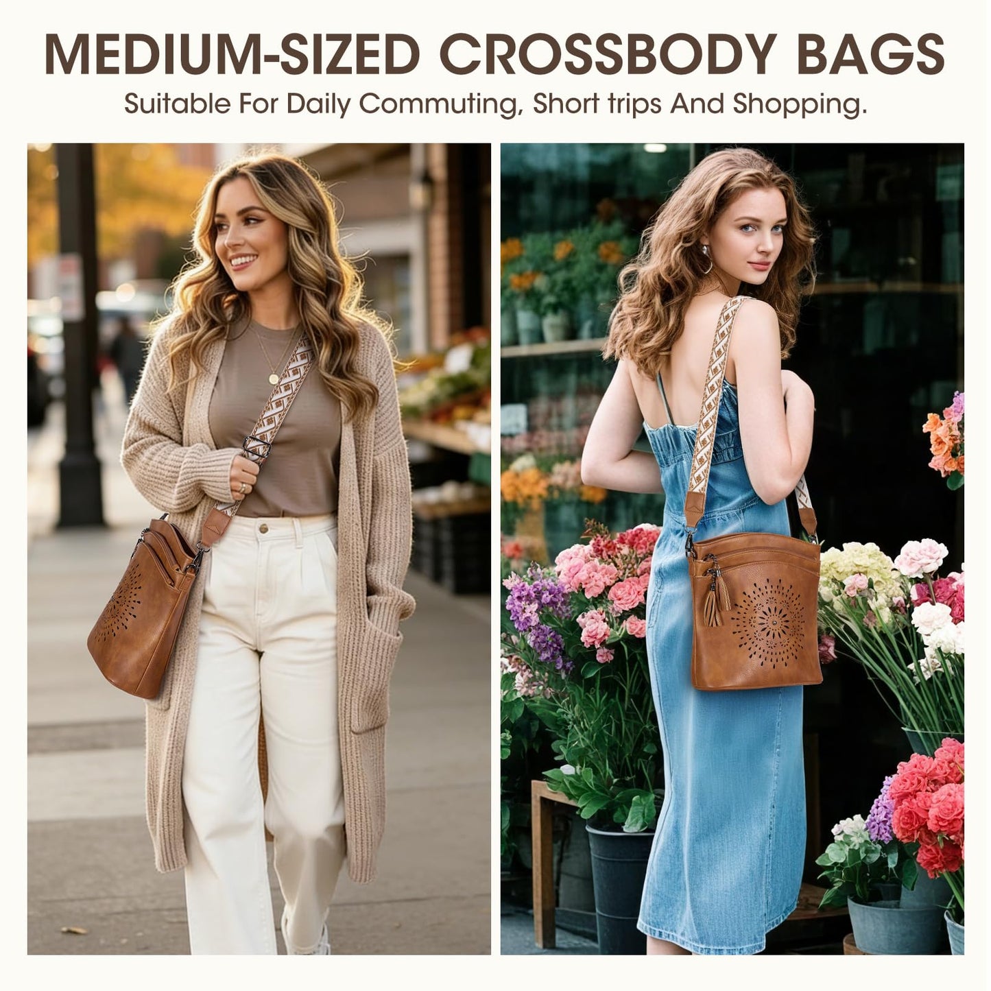 RAINSMORE Women's Medium Leather Crossbody Bag - Lightweight Purse for Weekend Shopping, Everyday Outings, Travel, Designer Trendy Shoulder Handbags with Adjustable Guitar Strap, Multiple Pockets