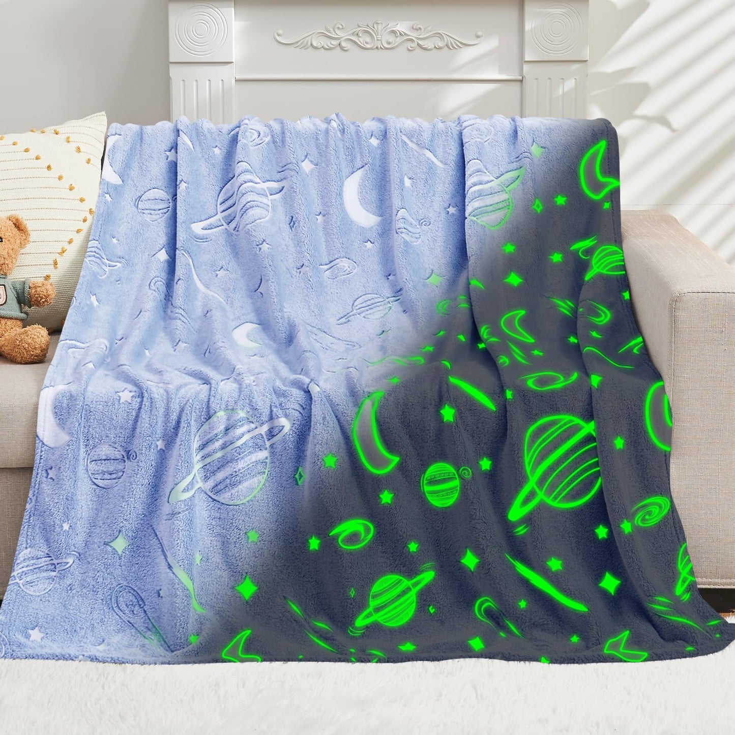 inhand Blue Space Toys Glow in the Dark Stars Blanket Birthday Gifts for Boys Cute Kids Blanket and Funny Space Planet Moon Galaxy Room Decor for Age 3 4 5 6 7 8 9 10 11 12 13 Year Old (50''x60''Blue)