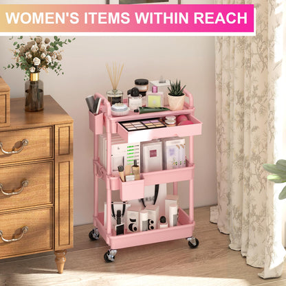 Goovilla 3 Tier Rolling Utility Cart Organizer with Removable Drawer, Stable and Sturdy Black Rolling Storage Carts with 2 Lockable Wheels for Bathroom, Kitchen, Snack, Craft, Makeup, Baby Essentials