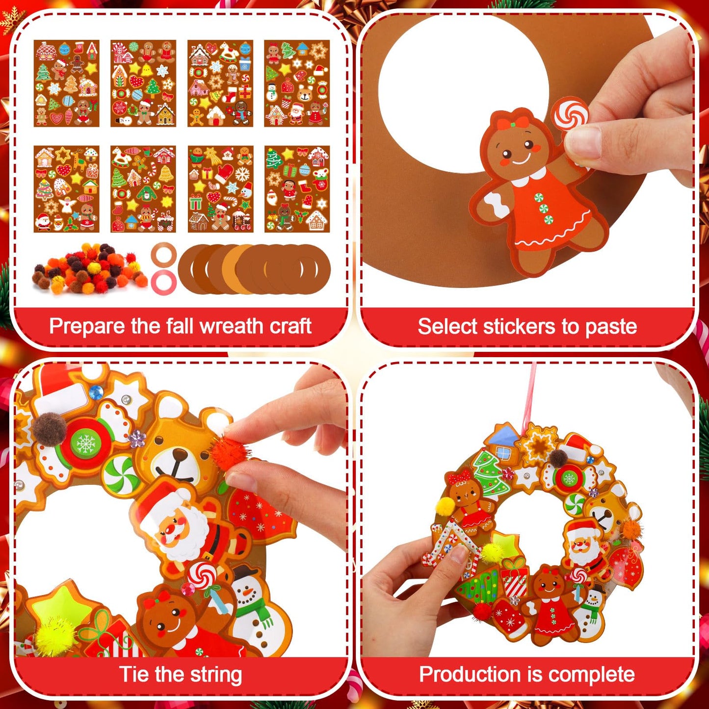 Hollowfly 48 Sets Christmas Wreath Craft Kits DIY Gingerbread Man Wreath Hanging Ornaments with Stickers for Christmas Xmas Party Supplies Favors Home Activities
