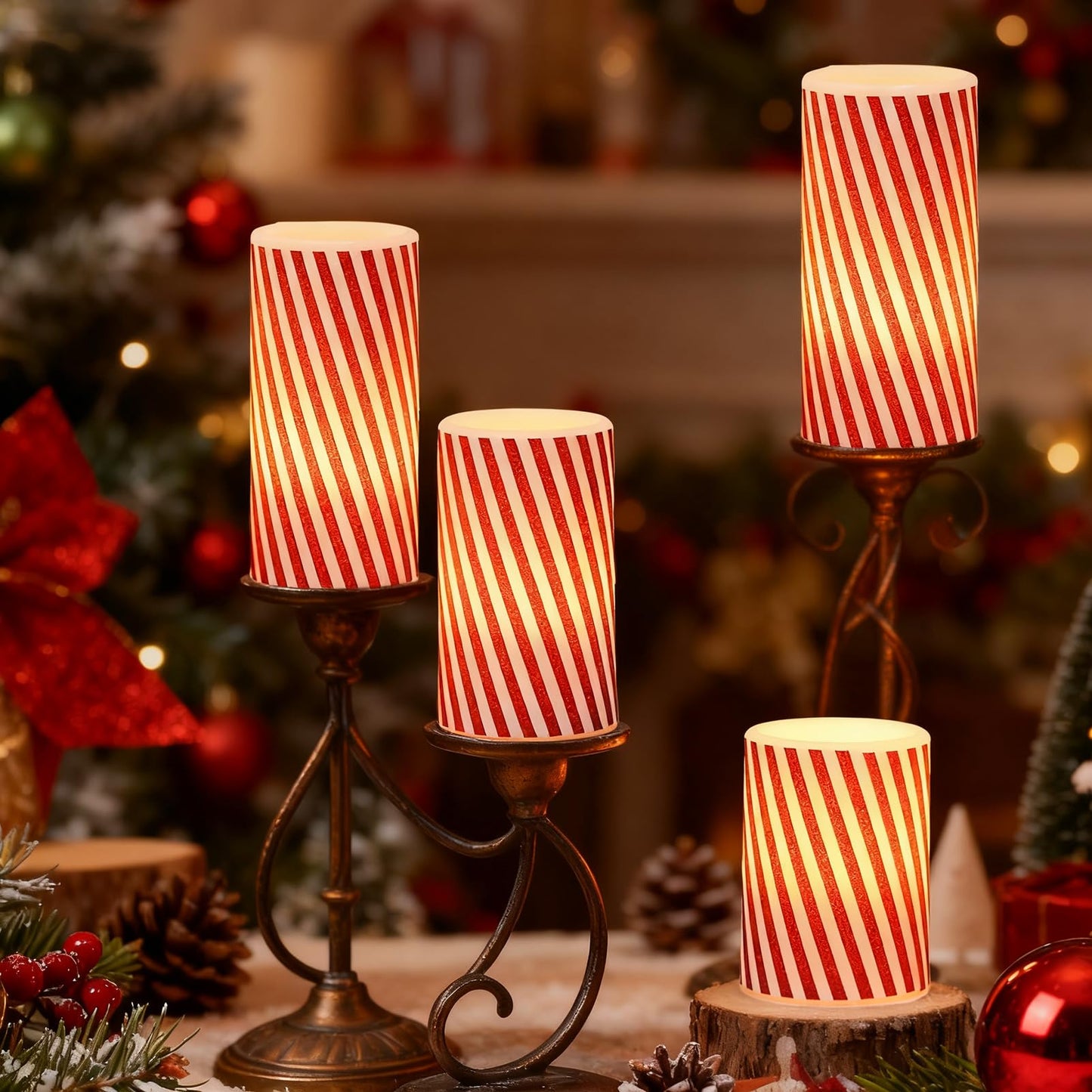 DRomance Christmas Flameless Candles Battery Operated with 6 Hour Timer, Real Wax Flickering LED Pillar Candles Candy Cane Decals Dinner Party Holiday Indoor Table Decor(3 Pack, 3" D x 4", 5", 6" H)