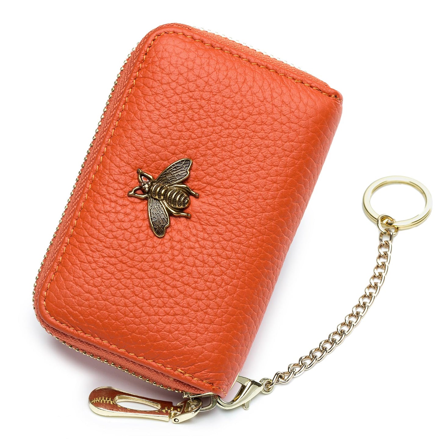 imeetu RFID Credit Card Holder, Small Leather Zipper Card Case Wallet with Keychain and ID Window for Women (Pro,Orange)