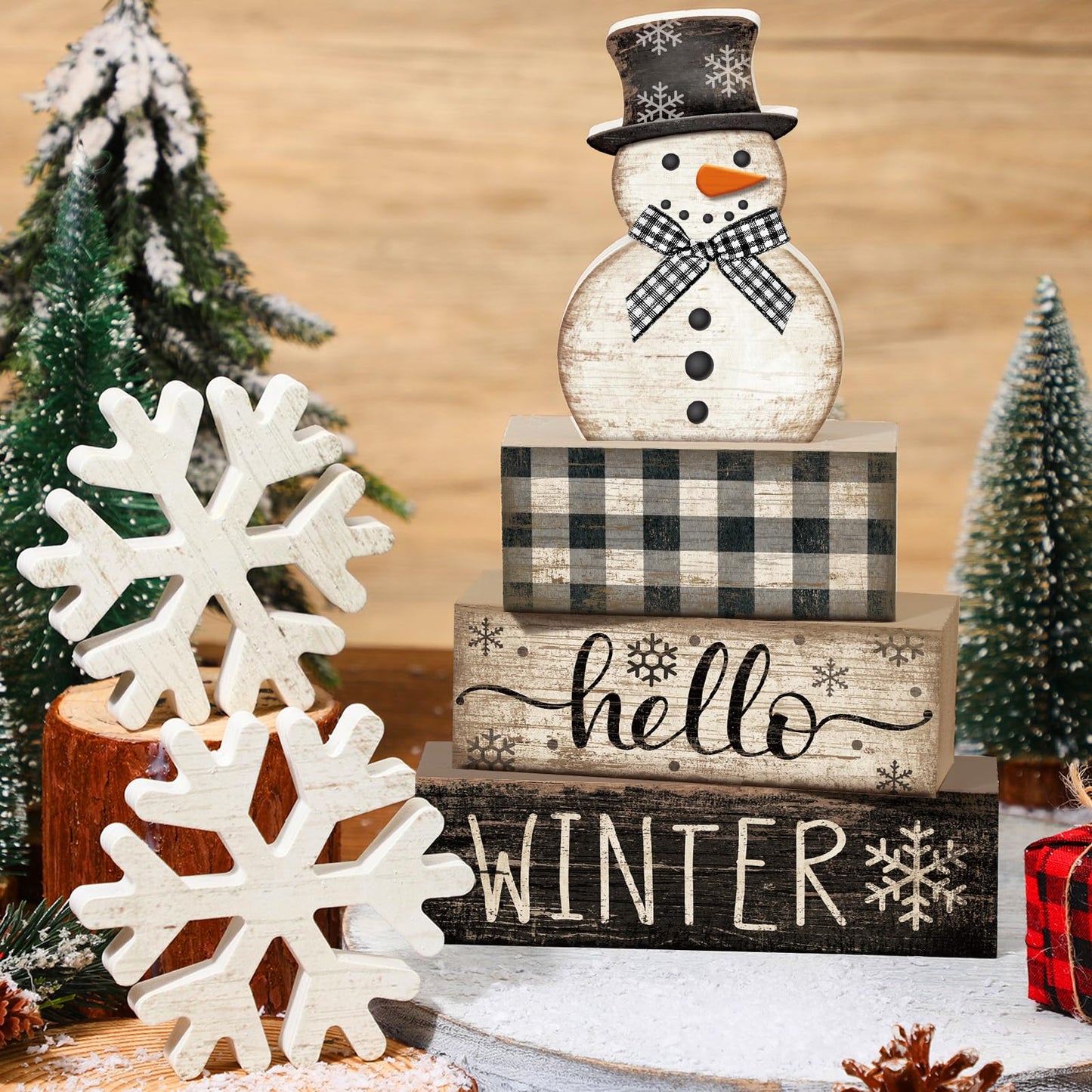 Colingmill 6 Pcs Snowman Christmas Decor Winter Table Decorations Xmas Tiered Tray Decor Wooden Snowman Snowflake Signs Christmas Table Centerpiece for Farmhouse Home Kitchen Shelf Office Decoration