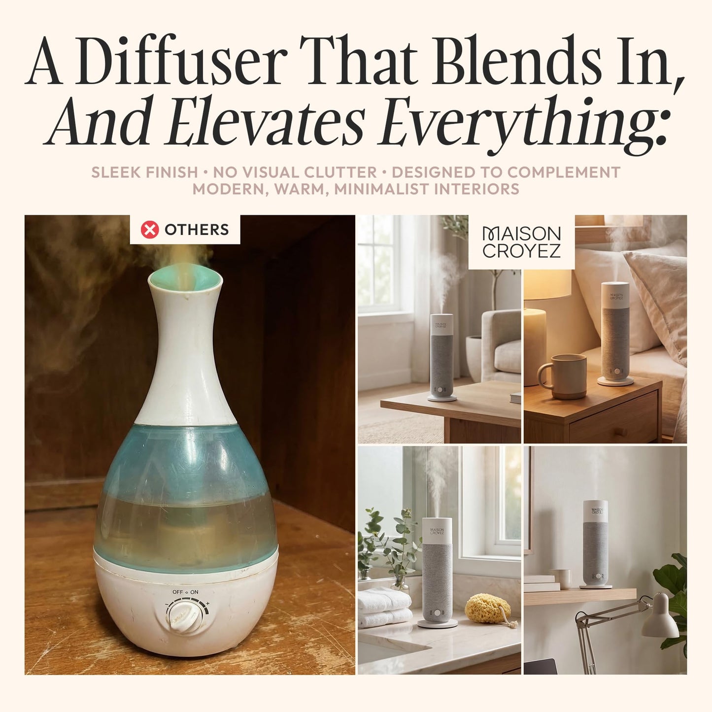 Maison Croyez Waterless Essential Oil Diffuser (120ml Bottle) – Nebulizing Aroma Diffuser, 3 Intensity Levels, 1/3/6H Timer + Auto Mode, Warm Ambient Light, Up to 600 sqft