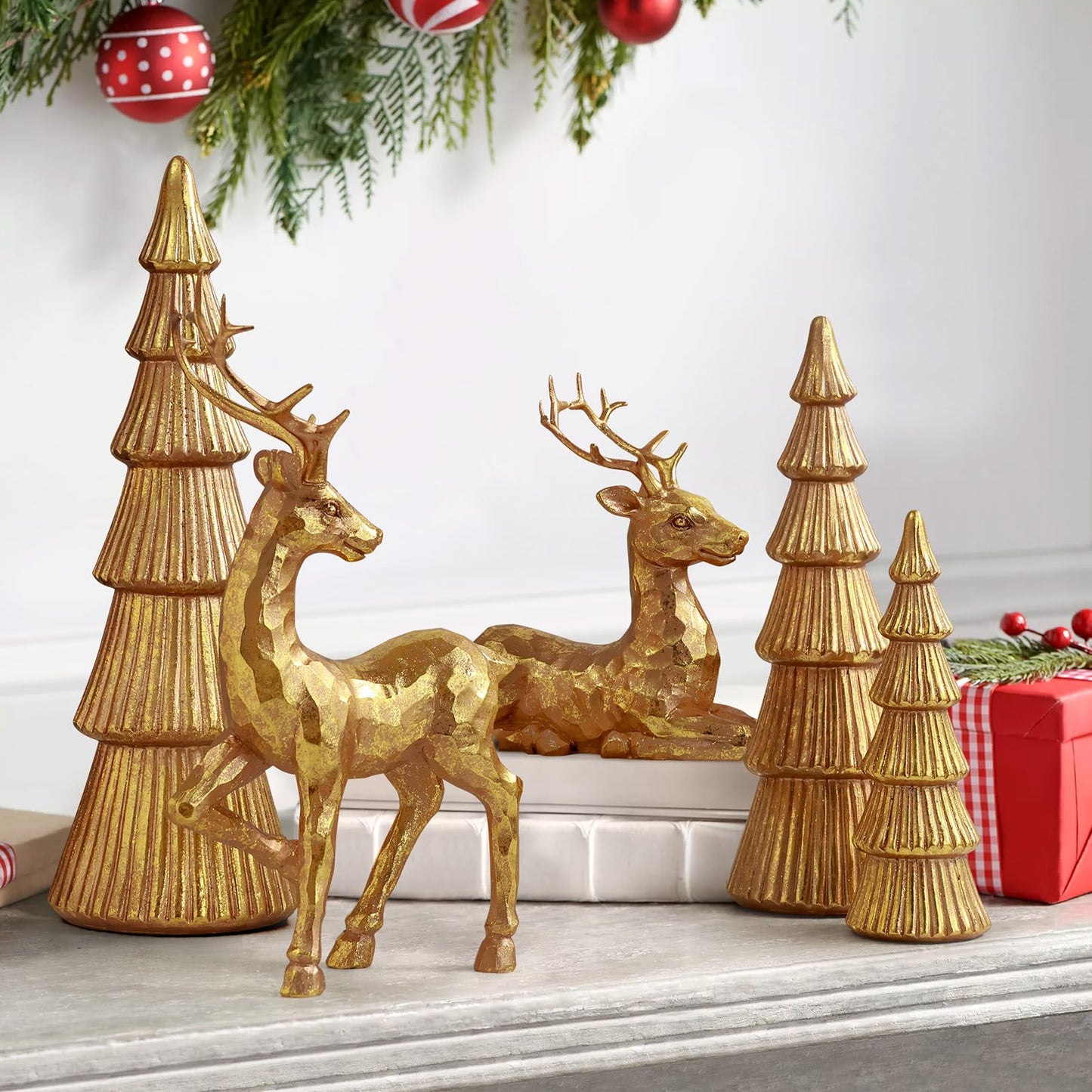 Hommtina Reindeer Christmas Decoration and Mini Trees, Lucky Reindeer Statues for Indoor Home Decor, Tabletop Mantle Cabinet Desktop Office (Rose Gold)