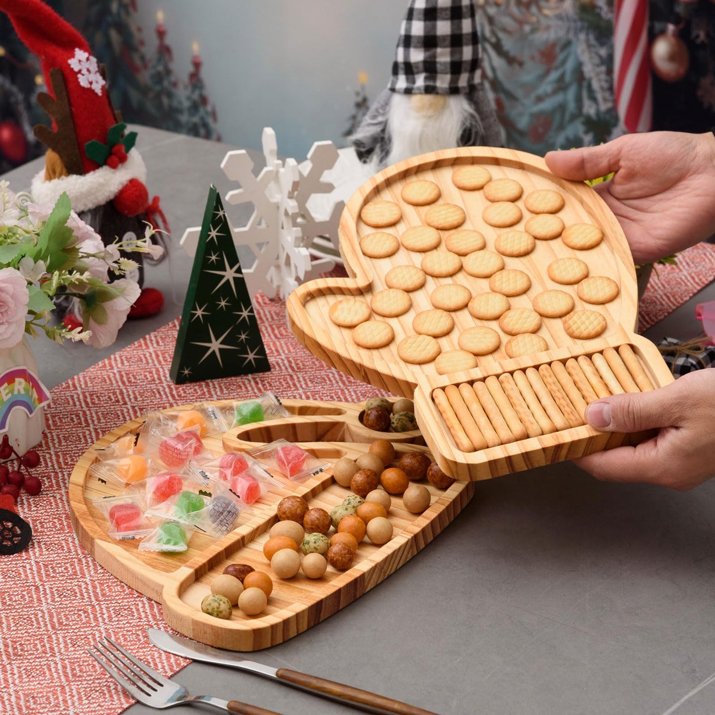 FOBSME 2 Pcs Christmas Serving Trays Santa Hat and Winter Mitten Shape Charcuterie Boards Decorative Wooden Serving Platter Pine Wood Snack Dish Plates for Xmas Holiday Housewarming Present,12.6 Inch