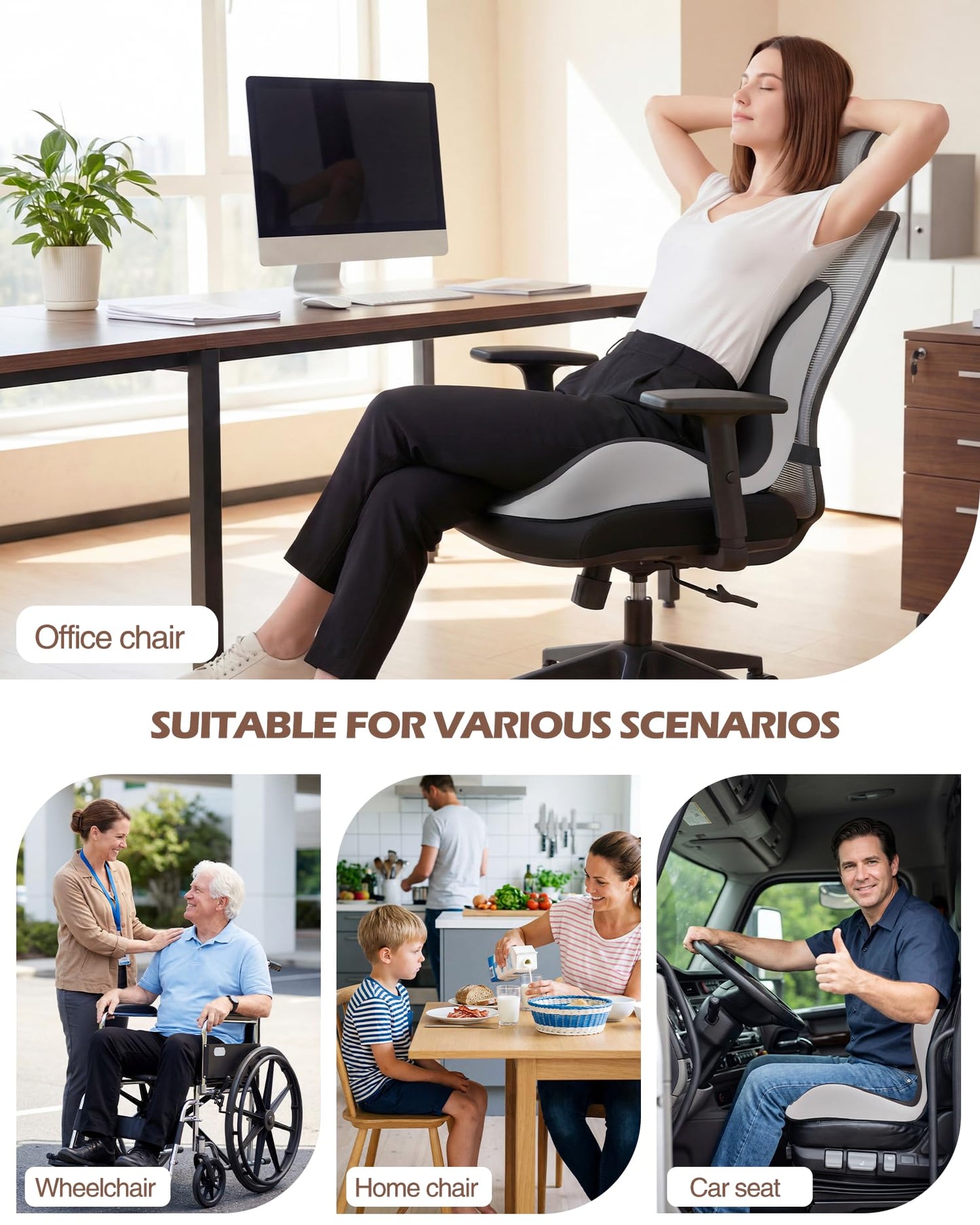 vdovsta Office Chair Cushion for Tailbone & Low Back Pain Relief, Car and Truck Seat Cushion, Comfortable Foam and High Backrest, Suitable for Office Chairs, Cars, Trucks, and Home Chairs