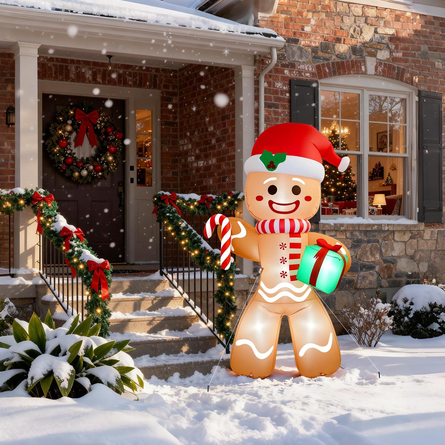 Partyotu Christmas Inflatable Gingerbread Man, Blow Up Holiday Party Decor with Build-in LED Lights, Waterproof Inflatable Christmas Decorations for Outdoor Roof Yard Lawn Garden Indoor (Brown, 8FT)