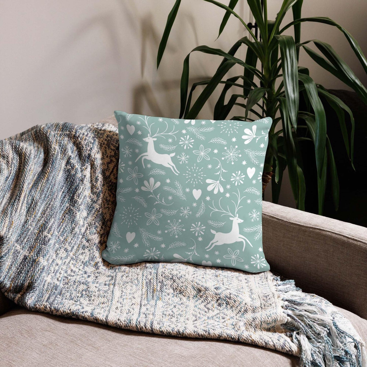 Jiaopenyou Throw Pillow Cover 20x20 Inch,Happy Christmas Tree Antlers Winter Snowflakes Throw Pillow Case,Home Decor Cushion Covers for Sofa Living Room Couch Bed
