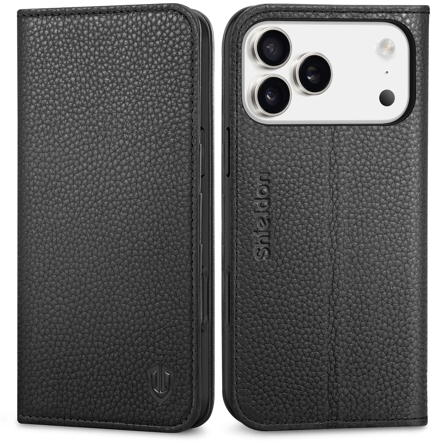 SHIELDON Real Leather Case Wallet for iPhone 17 Pro Max 6.9-inch | Foldable, Kickstand, RFID Blocking Credit Card Slot, Magnetic Closure, TPU Protective Inner Cover 5G 2025 - Pebbled Black