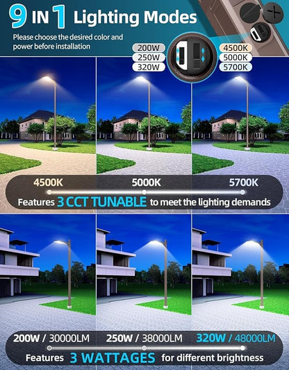 4PCS LED Parking Lot Lights 320W 250W 200W, LED Shoebox Light 5700K 5000K 4500K Arm&Slip Fitter Mount, DLC Listed Outdoor Pole Light with Photocell, IP65 Commercial Street Area Flood Lighting 100-277V