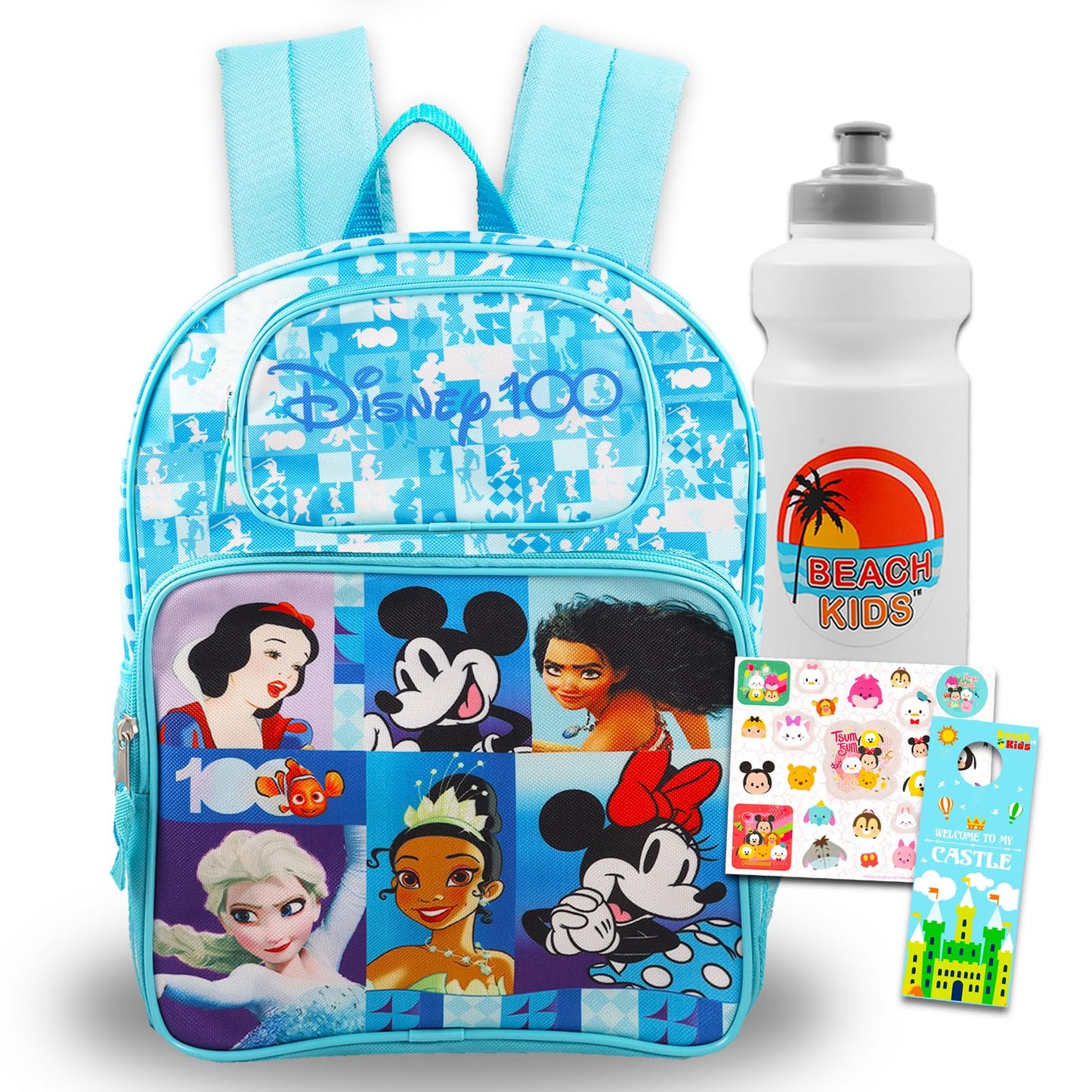 Disney Princess Backpack Set - 16" Bag with Moana, Mickey, Minnie, Frozen, Tiana, Snow White Plus Water Bottle, Stickers, More School Supplies Bundle