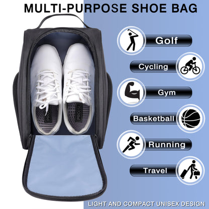 BIRDIEBLAST Golf Shoe Bag, Zipper Sports Shoe Strap Bag with Side Accessory Pocket for Storing Golf Accessories, Padded Golf Shoe Carry Bags with Clasped Strap Handle (Black)