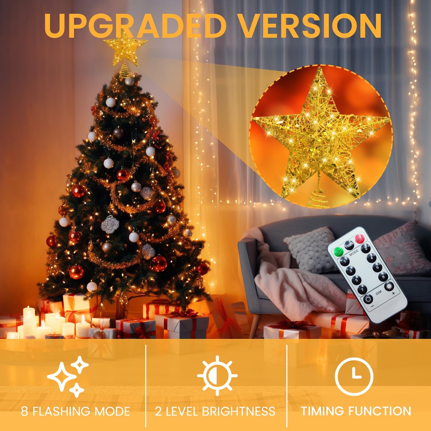 Raxurt Christmas Tree Topper, 40 LED 10 Inches USB Lighted Star Tree Topper with Remote Control for Christmas Tree Decorations, Gold/Large