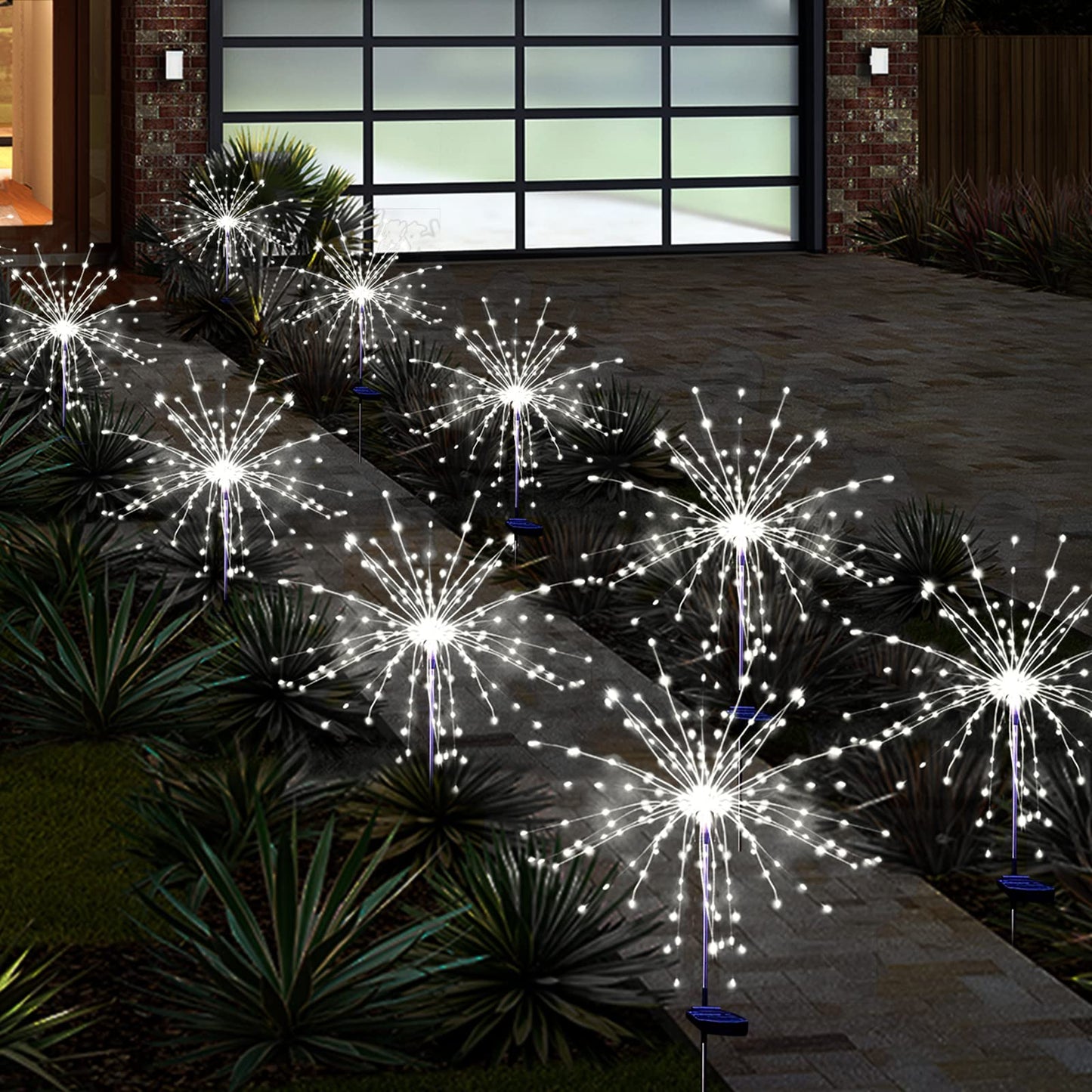 Solar Garden Firework Lights Outdoor Waterproof, 4 Pack Solar Powered Art Stake Twinkle Lighting for Outside Decor, 120 LED Sparklers String Lights for Yard Pathway Decorations(White)