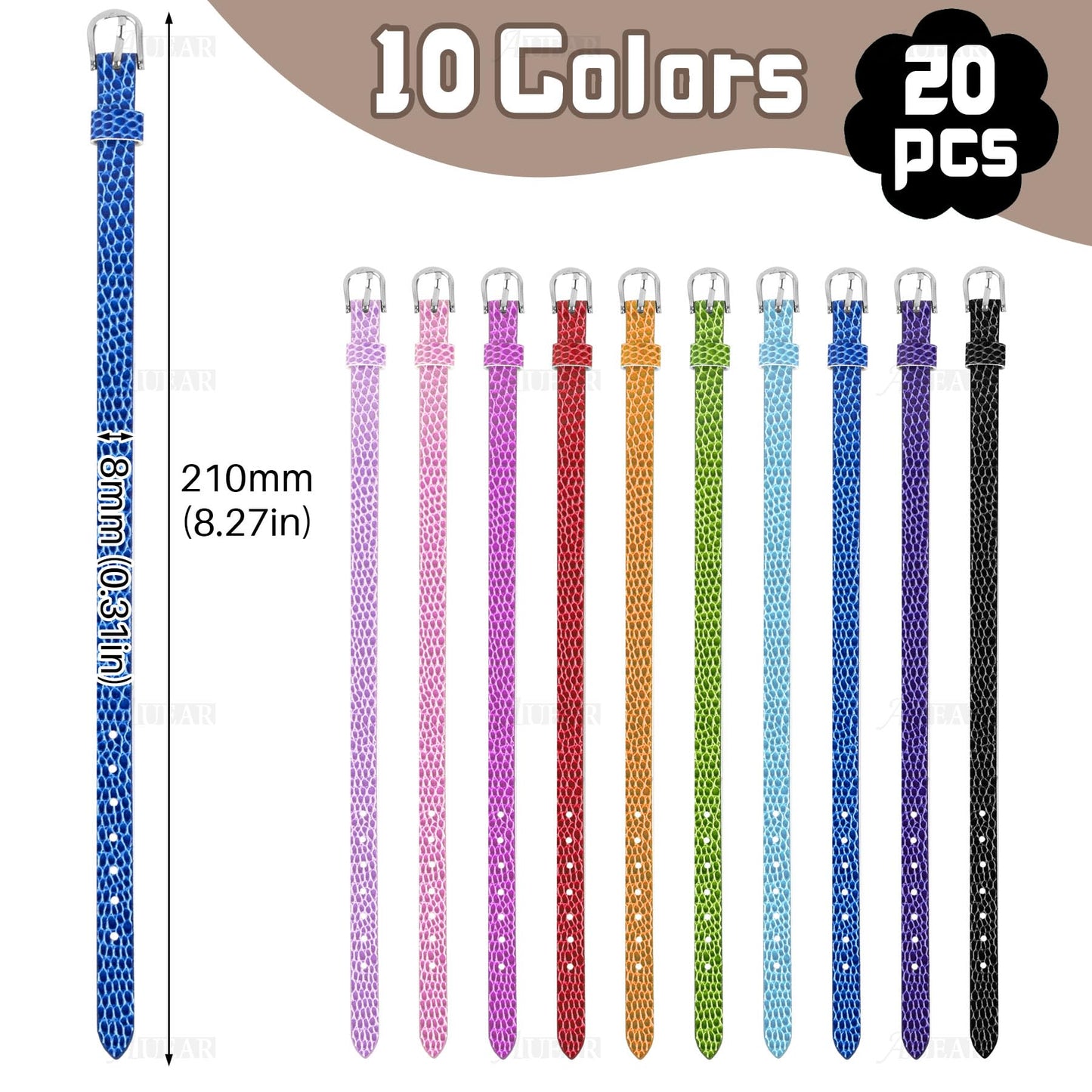 AUEAR, 20 Pack 8mm Wristbands Bracelets for Slide Letters Mix Colors Jewelry Making DIY Craft 10 (Leather Slide)