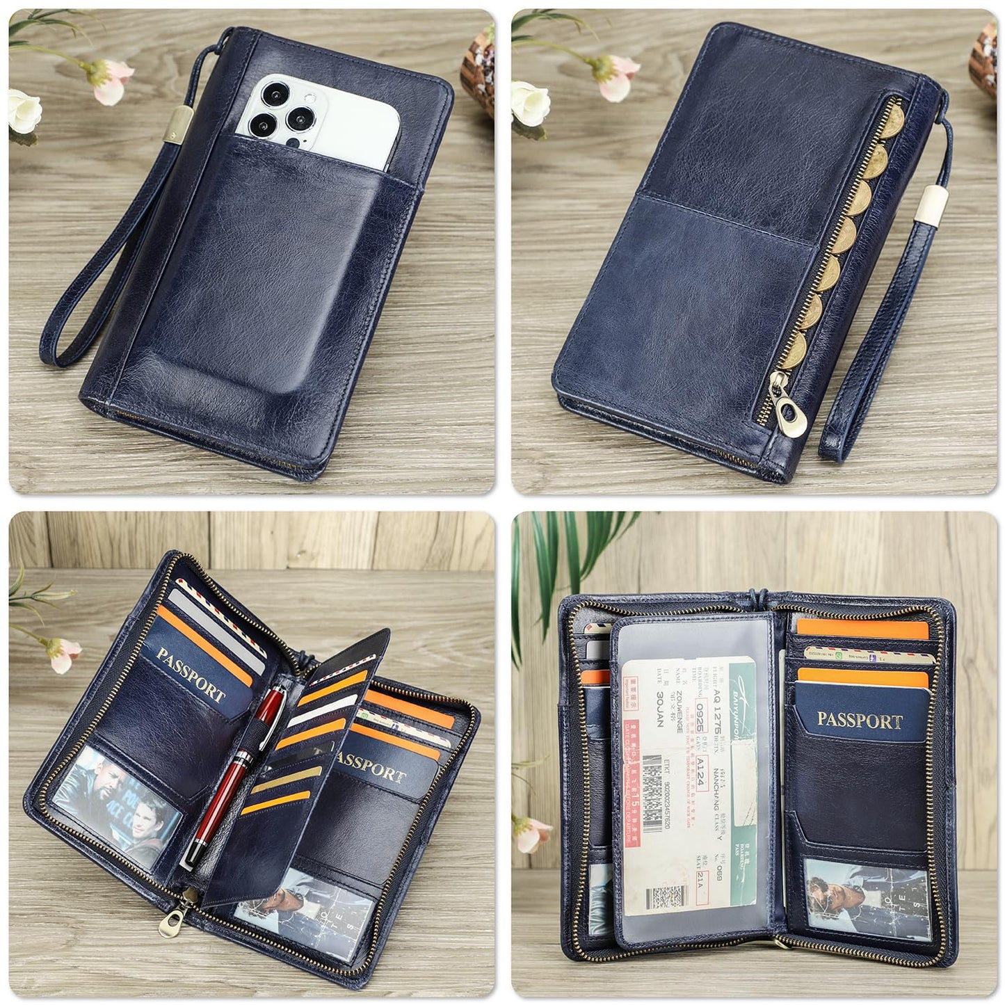 CataPurus Top Grain Leather Travel Passport Wallet Holder for Man & Woman, Handmade with Three-Layer for 4 Passports & Multi Cards, RFID Blocking Large Capacity for Cards/Passports/Tickets, Blue