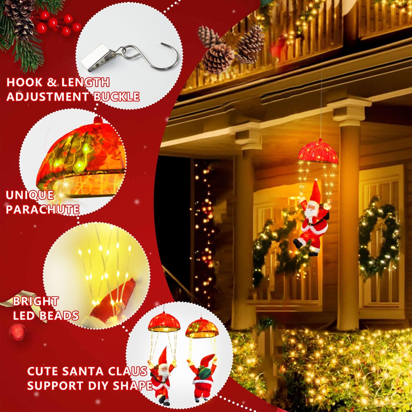 JNOEC Christmas Lights Outdoor Indoor, Santa Claus Parachute LED Lights, 8 Modes & Timer Christmas Decorations Lights Outside Inside for Window, Garden, Home, Porch, Xmas Tree Decor (Warm White)