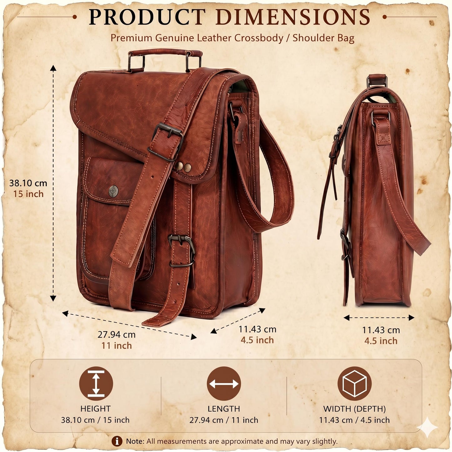 18" leather satchel tablet bag laptop case office briefcase messenger gift for men computer distressed shoulder bag
