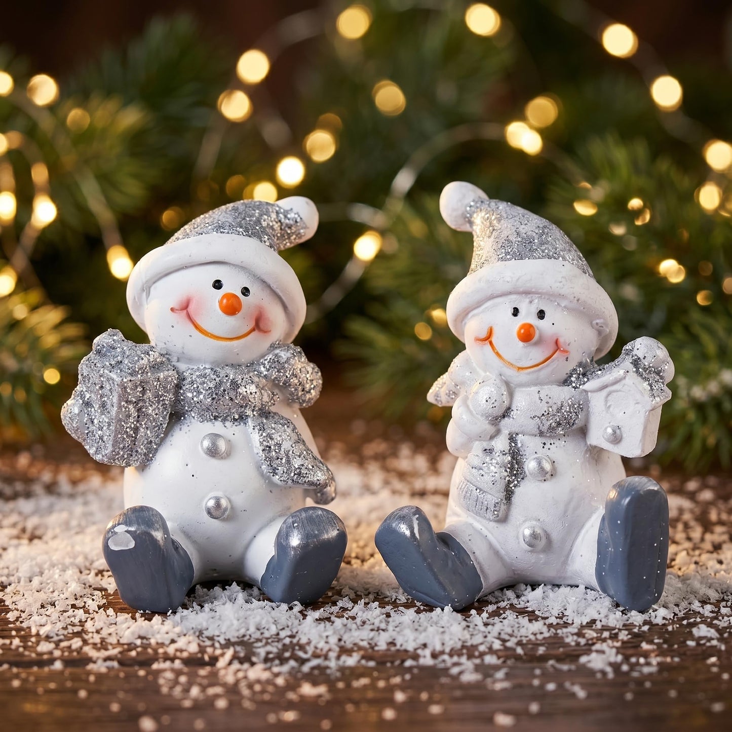 Brizoria Snowman Decor Christmas Decorations Indoor Sitting Resin Figurines Set of 2 Silver Glitter Finish with Gift Box and Lantern Winter Tabletop Mantel Shelf Holiday Display