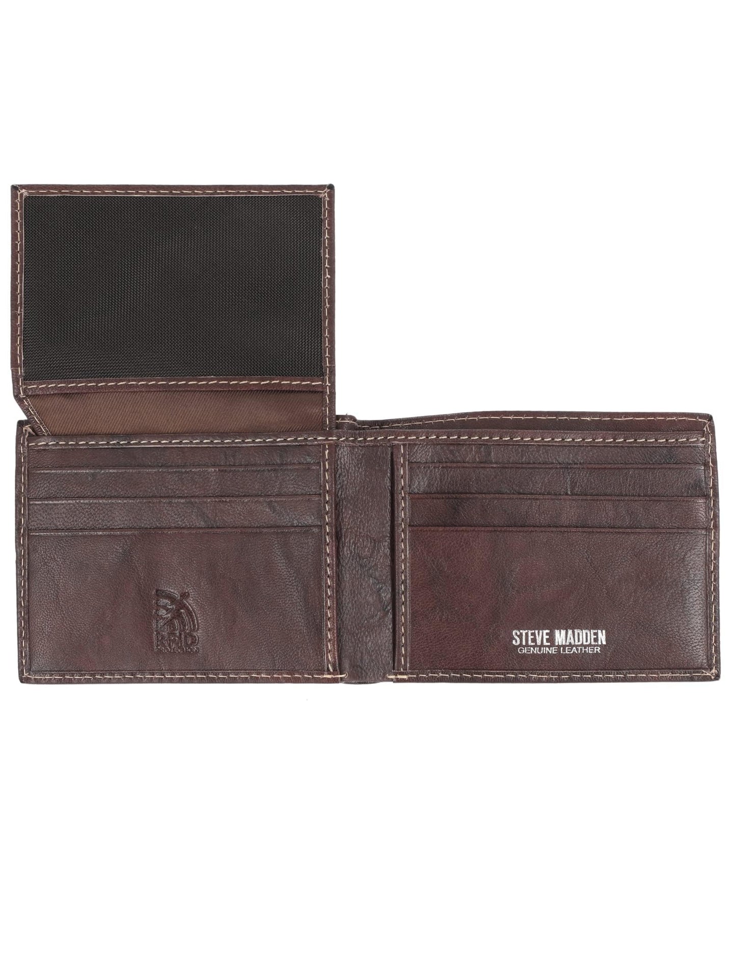 Steve Madden Men's Leather Wallet Extra Capacity Attached Flip Pockets, Brown/Antique, One Size