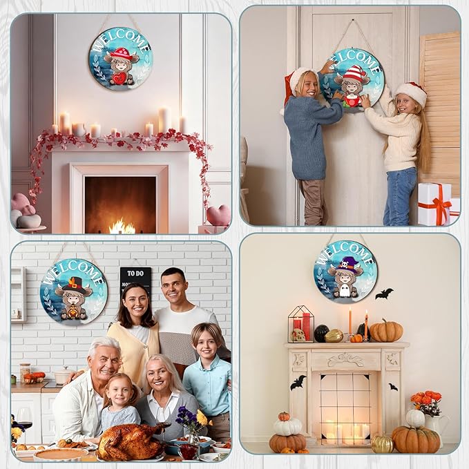 35 Pcs Christmas Interchangeable Highland Cow Welcome Sign Highland Cow Seasonal Wooden Hanging Door Decor Thanksgiving Farmhouse Hanging Sign for Front Door Xmas Party Decoration Gift(Lake Blue)