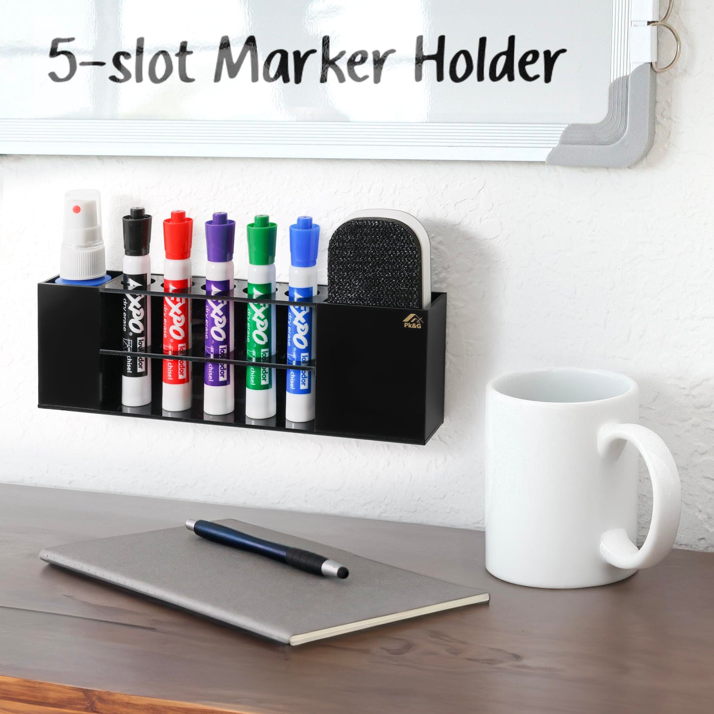 Slim Magnetic Dry Erase Marker Holder for Whiteboard, Space Saving Pen Organizer with Glass and Wall Mount Accessories for Fridge, Office, and School. Markers, Eraser, Cleaner Not Included (Black)