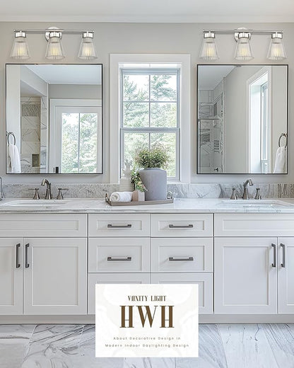 Brushed Nickel Bathroom Vanity Light, HWH 3-Light Vanity Lights for Bathroom Vanity Wall Lamp Over Mirror, Modern Vanity Light Fixtures with Striped Clear Glass, 5HZG97B-3W BN