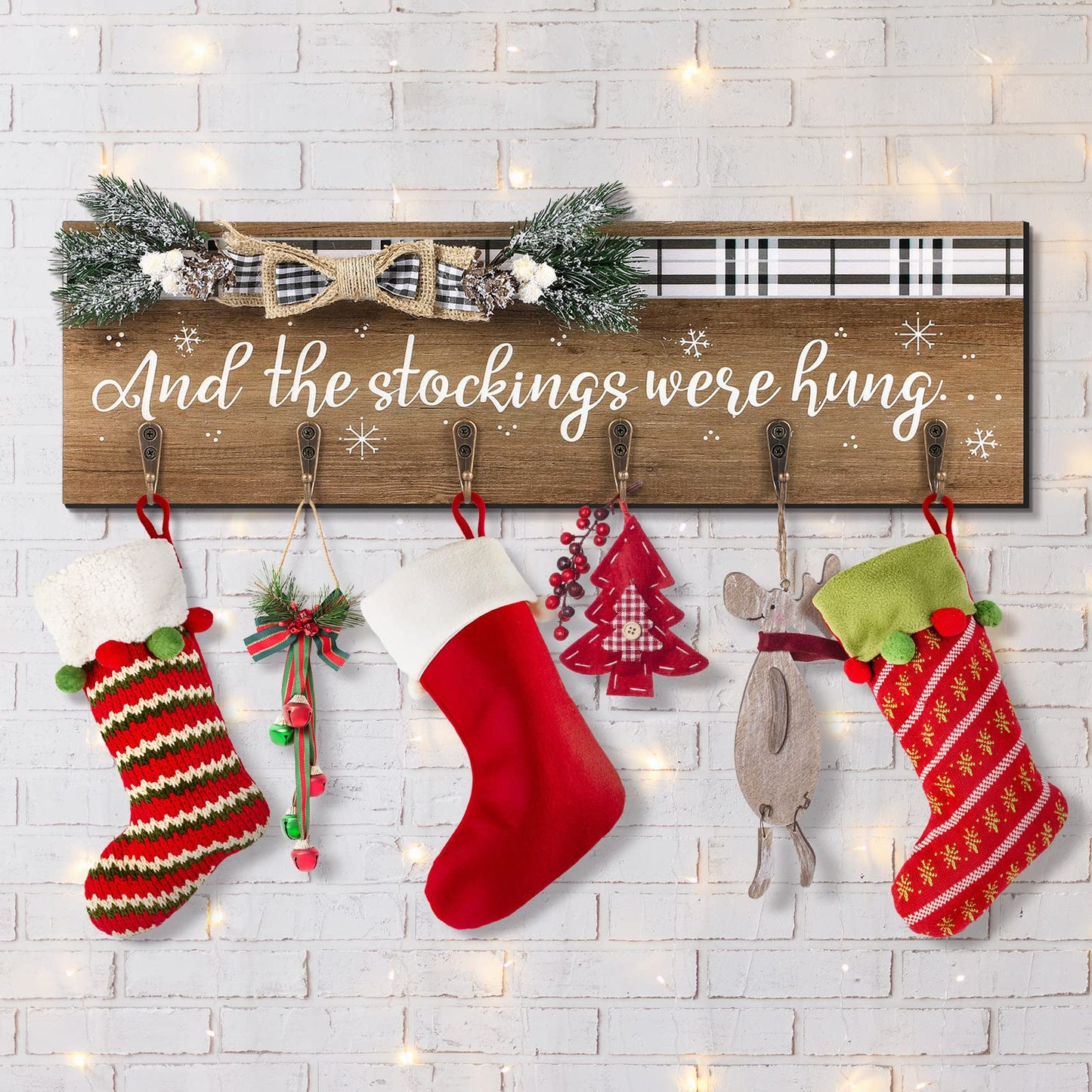 Christmas Stocking Holder with 6 Hangers The Stockings were Hung Wooden Sign Xmas Wall Hanging Sign Wall Mount Hook Holder Decorative Wood Stocking Hanger for Mantle(Snowflake Style)