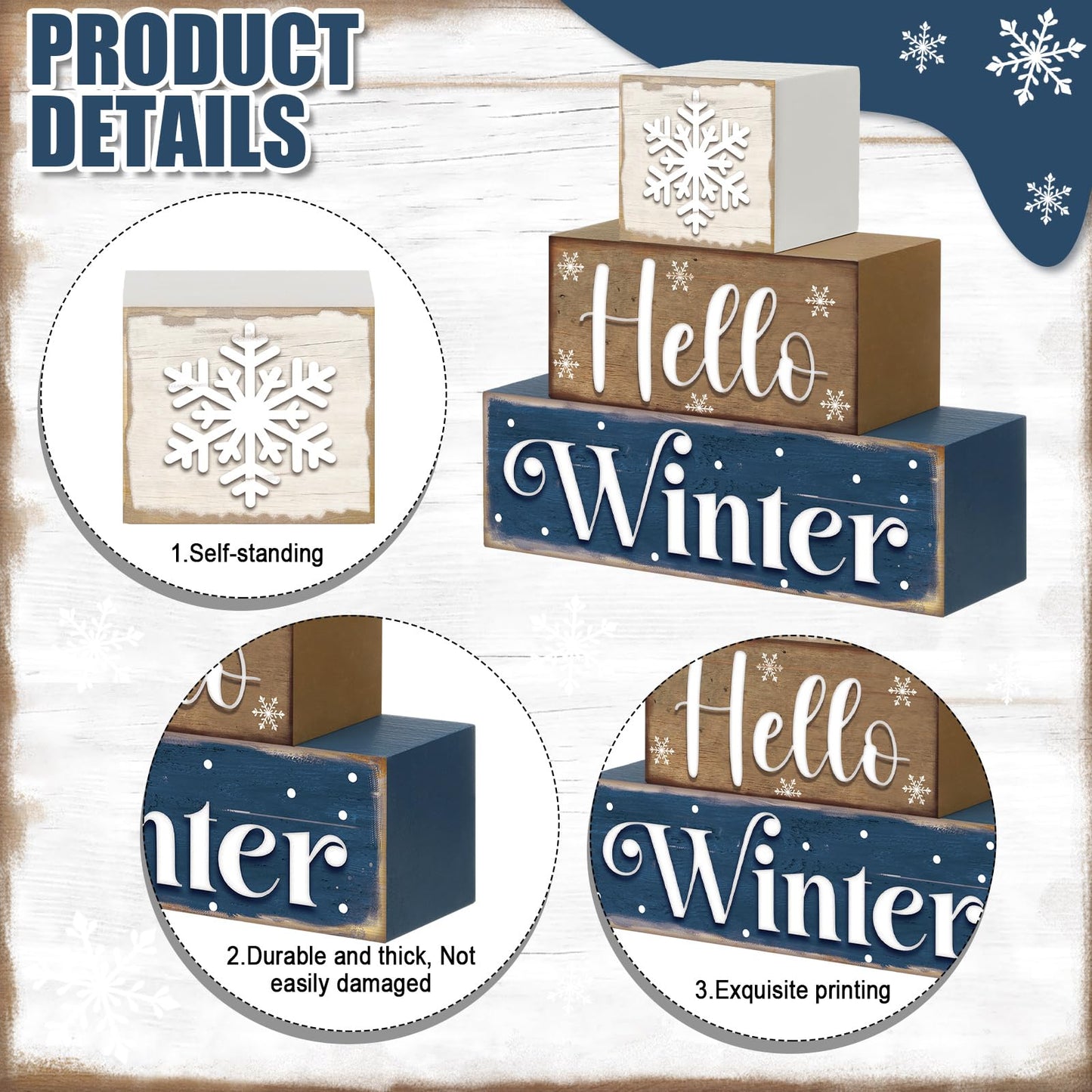 Huquary 3 Pcs Winter Let It Snow Tiered Tray Decor Table Sign Winter Theme Wood Decorations Centerpiece Decor for Party Gift Desk(Snowflake Style)