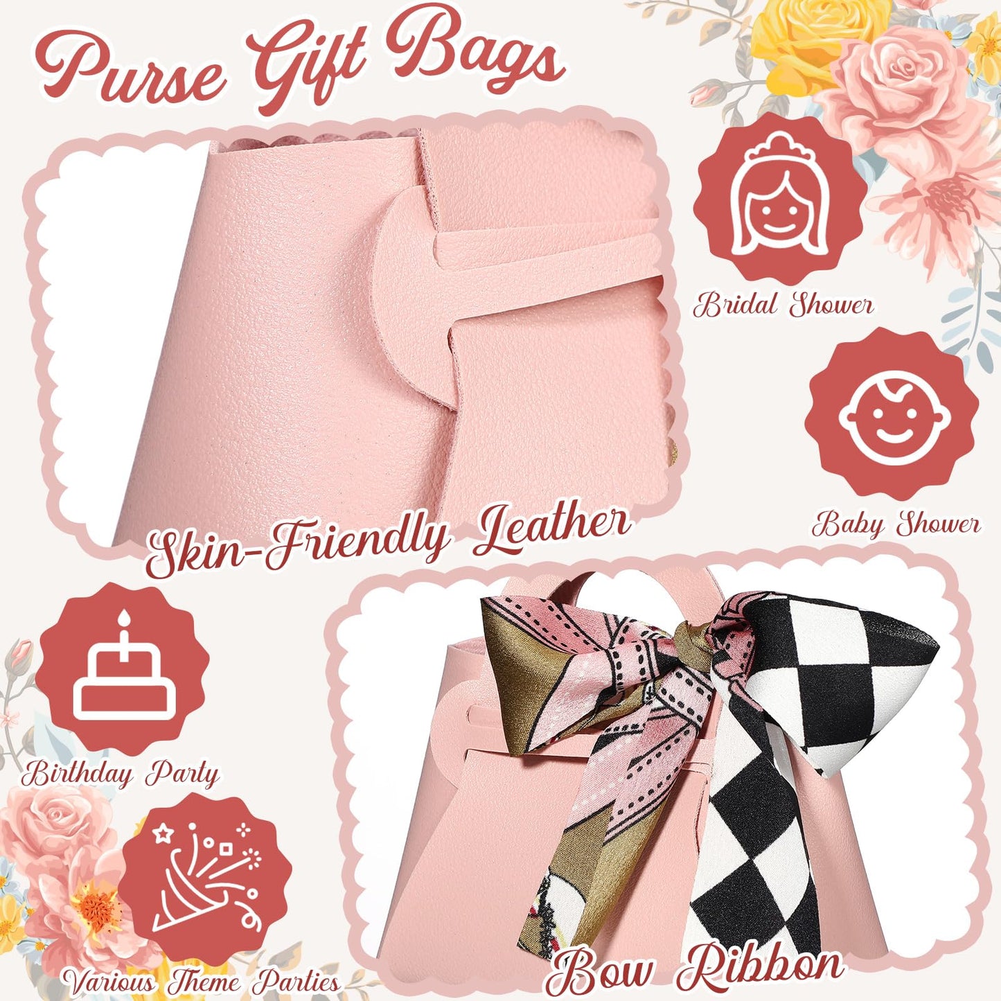 Abbylike 18 Pcs PU Leather Purse Gift Bags with Handles Ribbon Wedding Purse Party Favor Candy Boxes Treat Goodie Bag for Birthday Bridal Baby Showers Party (Pink)