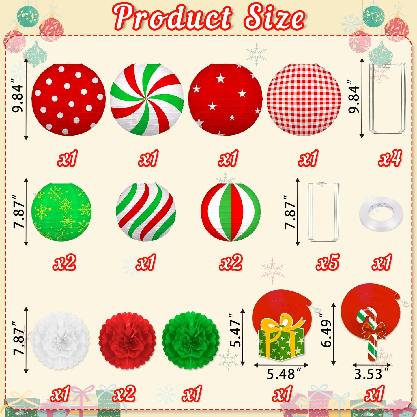 Renbuzhu 15PCS Christmas Decorations Ornaments Set – 9 Red White Green Paper Lanterns, 4 Pom Poms, 2 Hanging Swirls for Indoor, Home, Xmas Party, Porch Decor