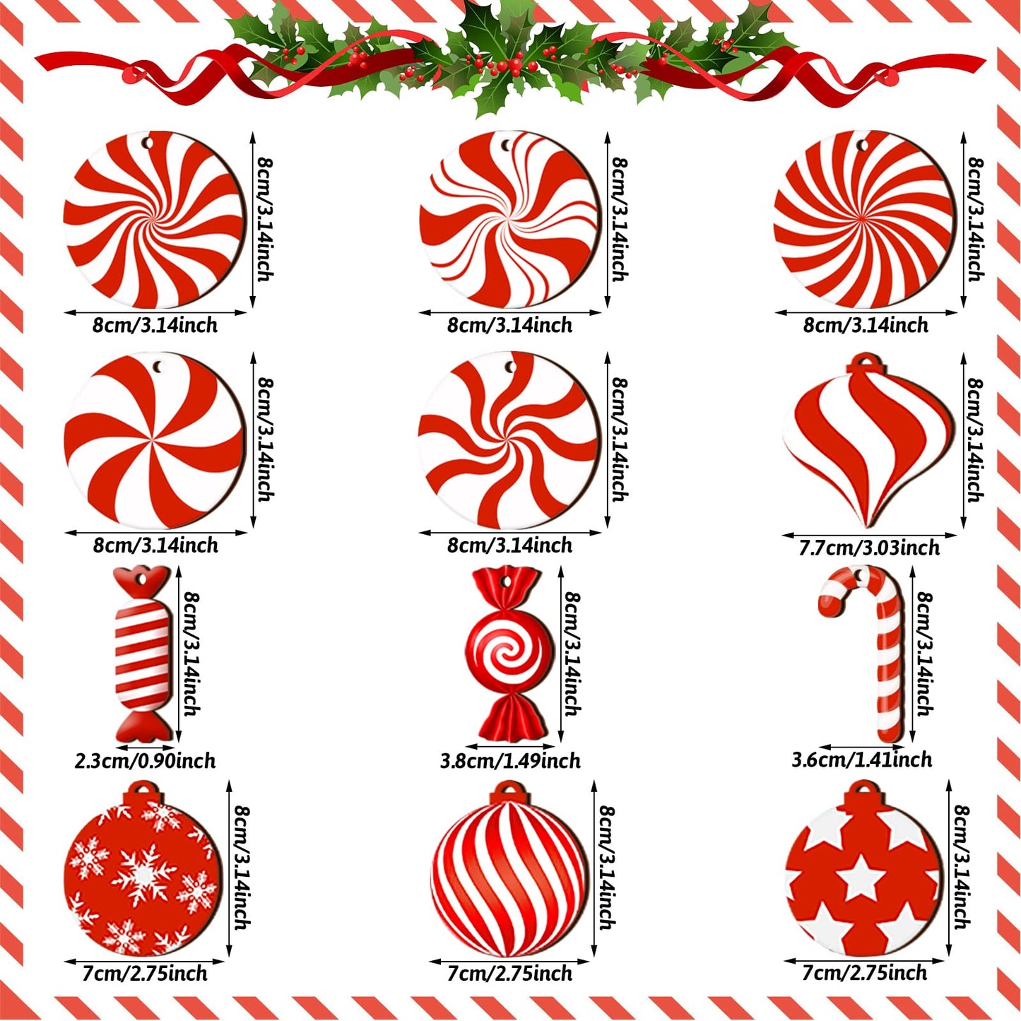 36 Pieces Candy Cane Christmas Ornaments Wood Hanging Decor Xmas Tree Cutouts Peppermint for Home Party Decoration Supplies (Candy Style)